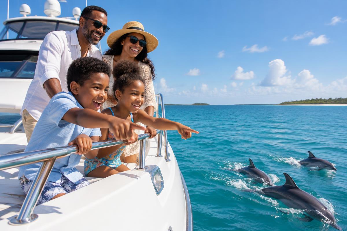 Parents and kids spotting dolphins from a yacht