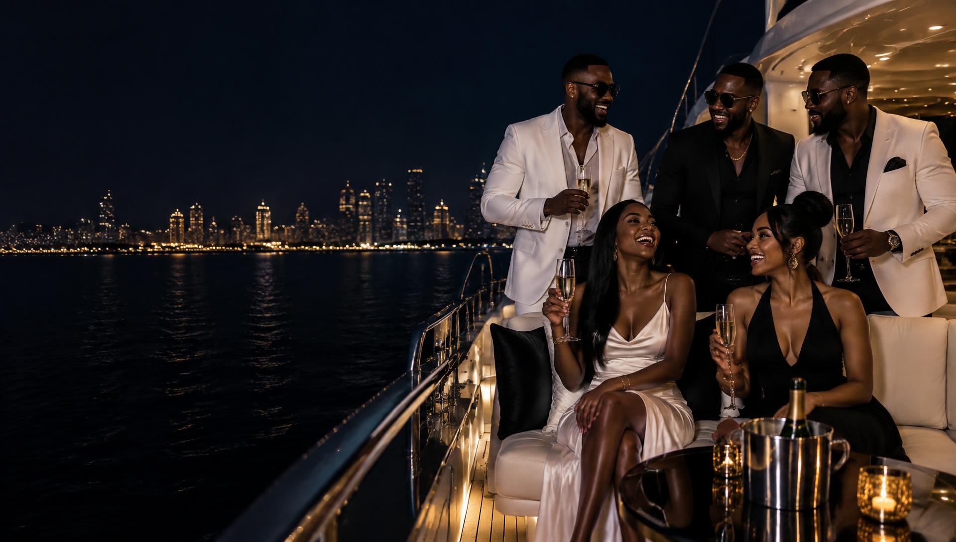 Friends celebrating on a yacht at night
