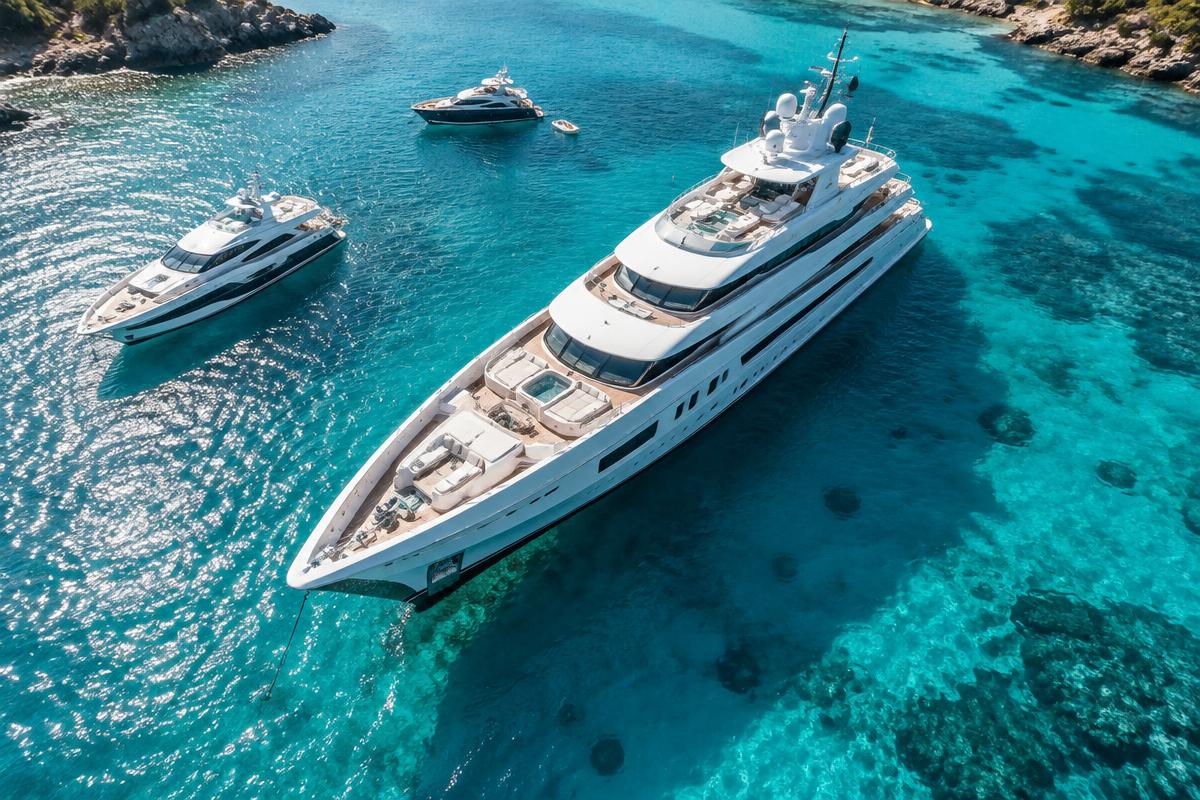 Superyachts anchored in turquoise water