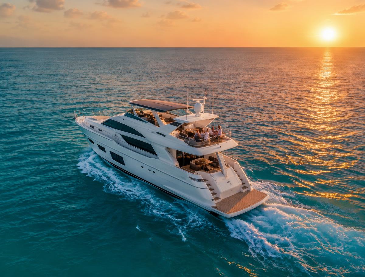 A yacht on the open water at sunset